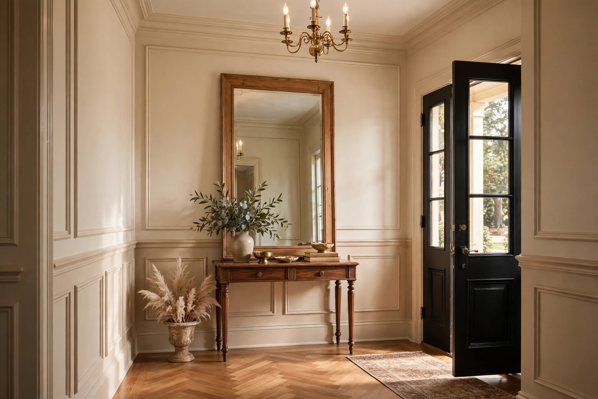 Picture frame molding wainscoting in a formal foyer with a large entry mirror