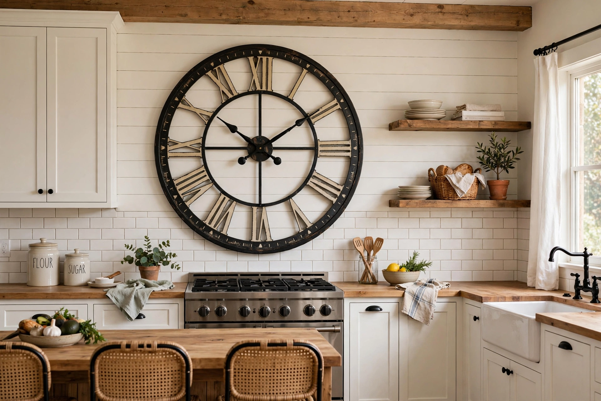Oversized round wall clock as a focal point in a farmhouse kitchen