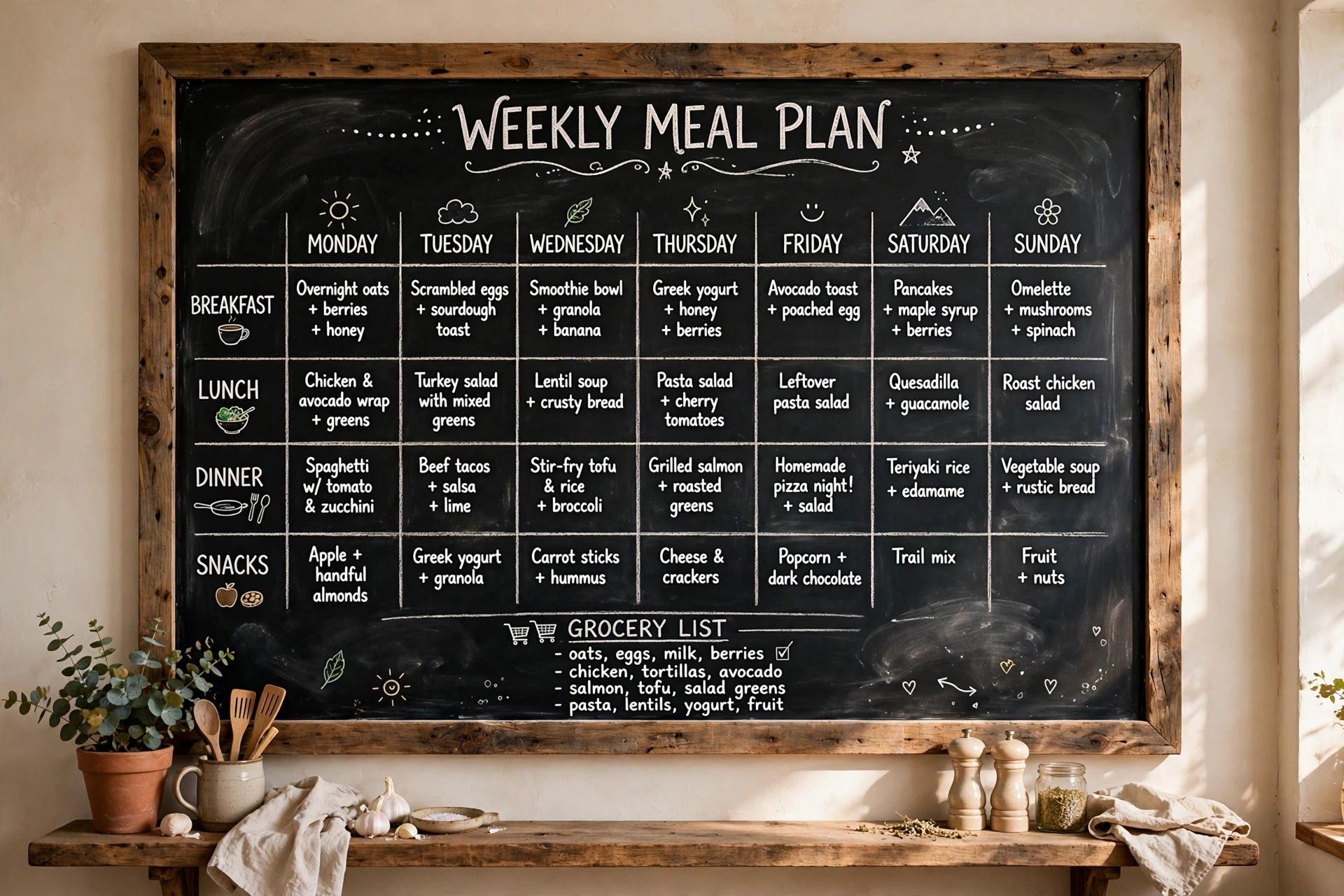 Chalkboard wall with a hand drawn weekly meal planning grid