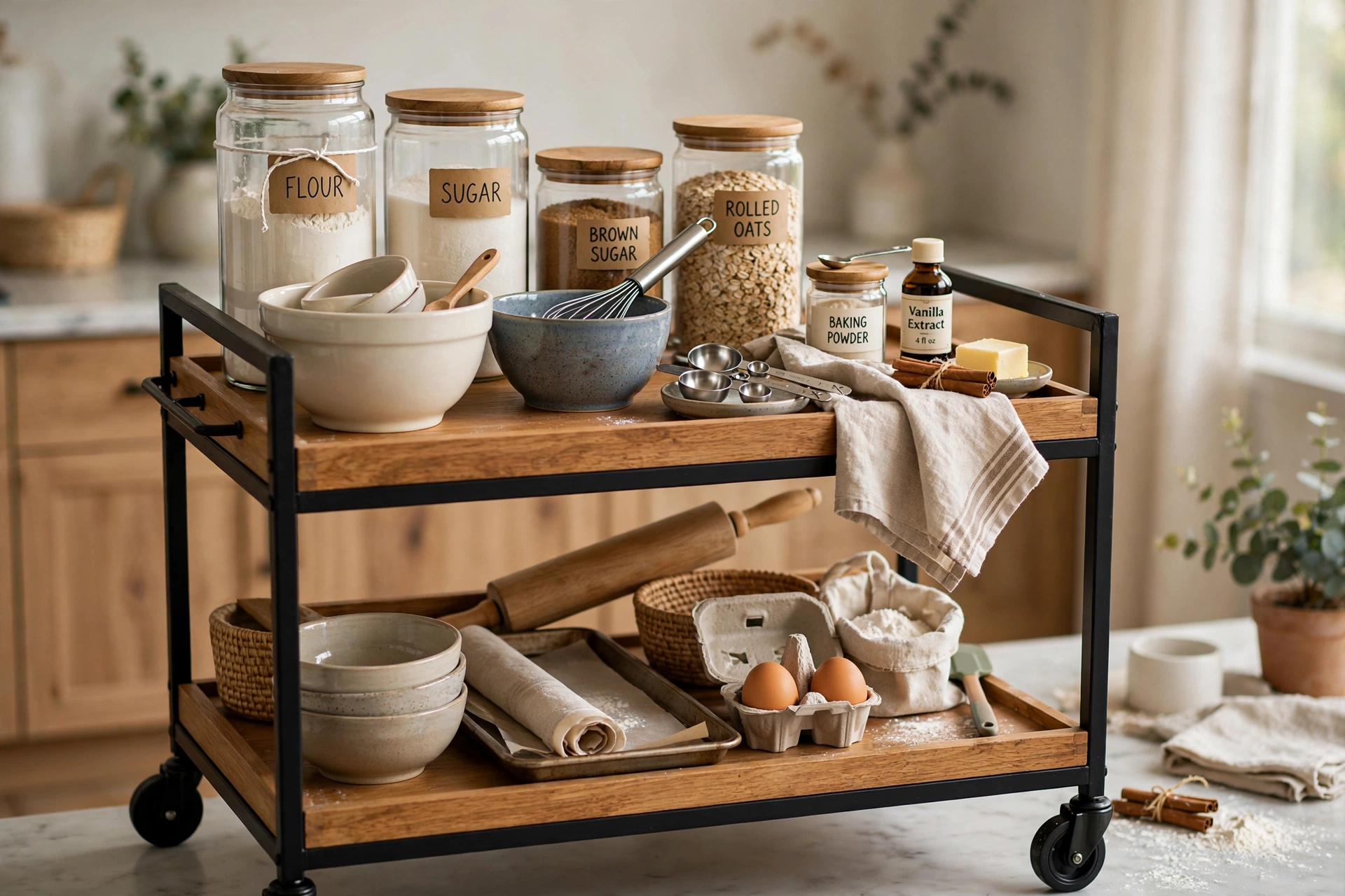 Kitchen cart organized as a baking station with canisters and bowls