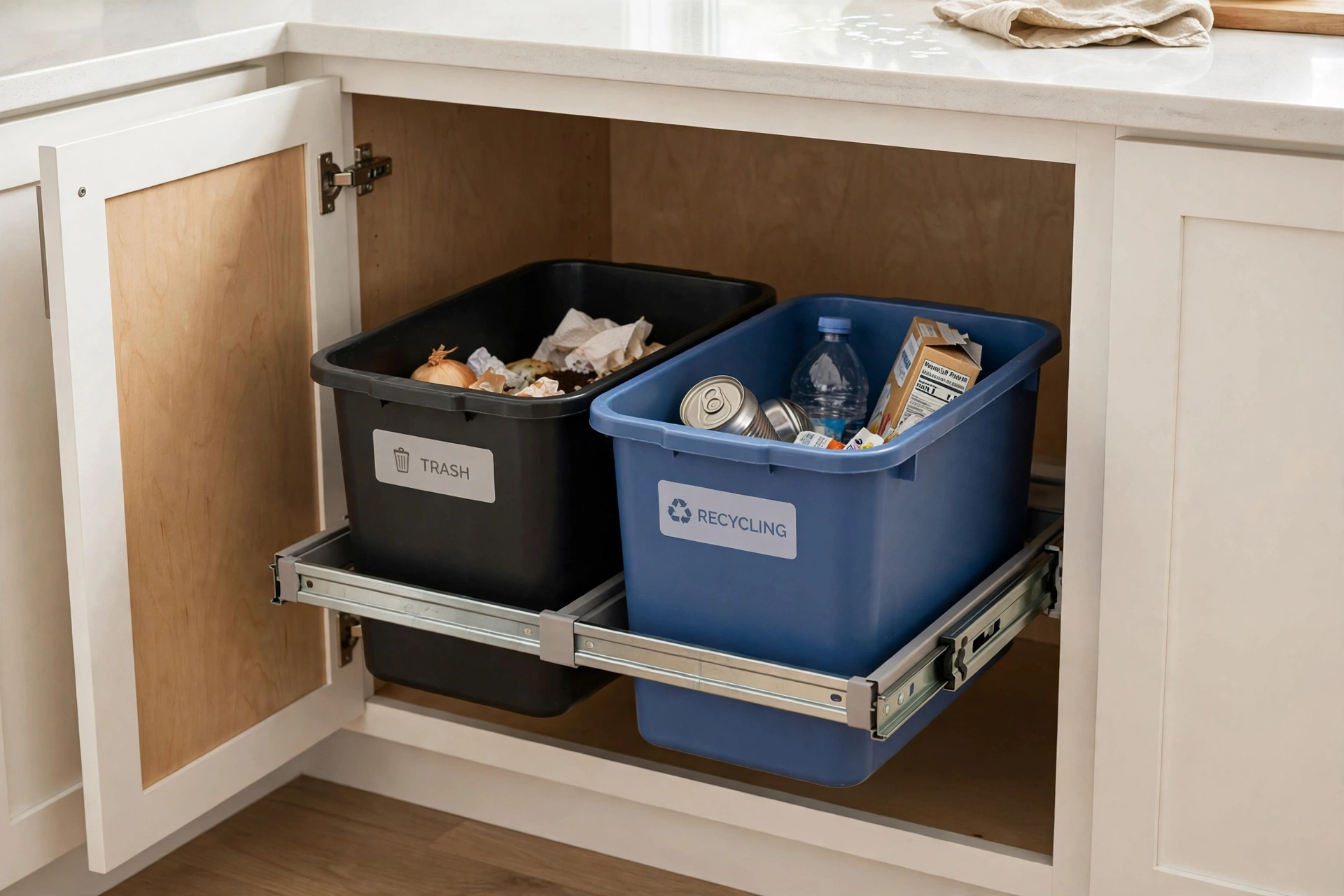 Double bin slide out for trash and recycling in a kitchen cabinet