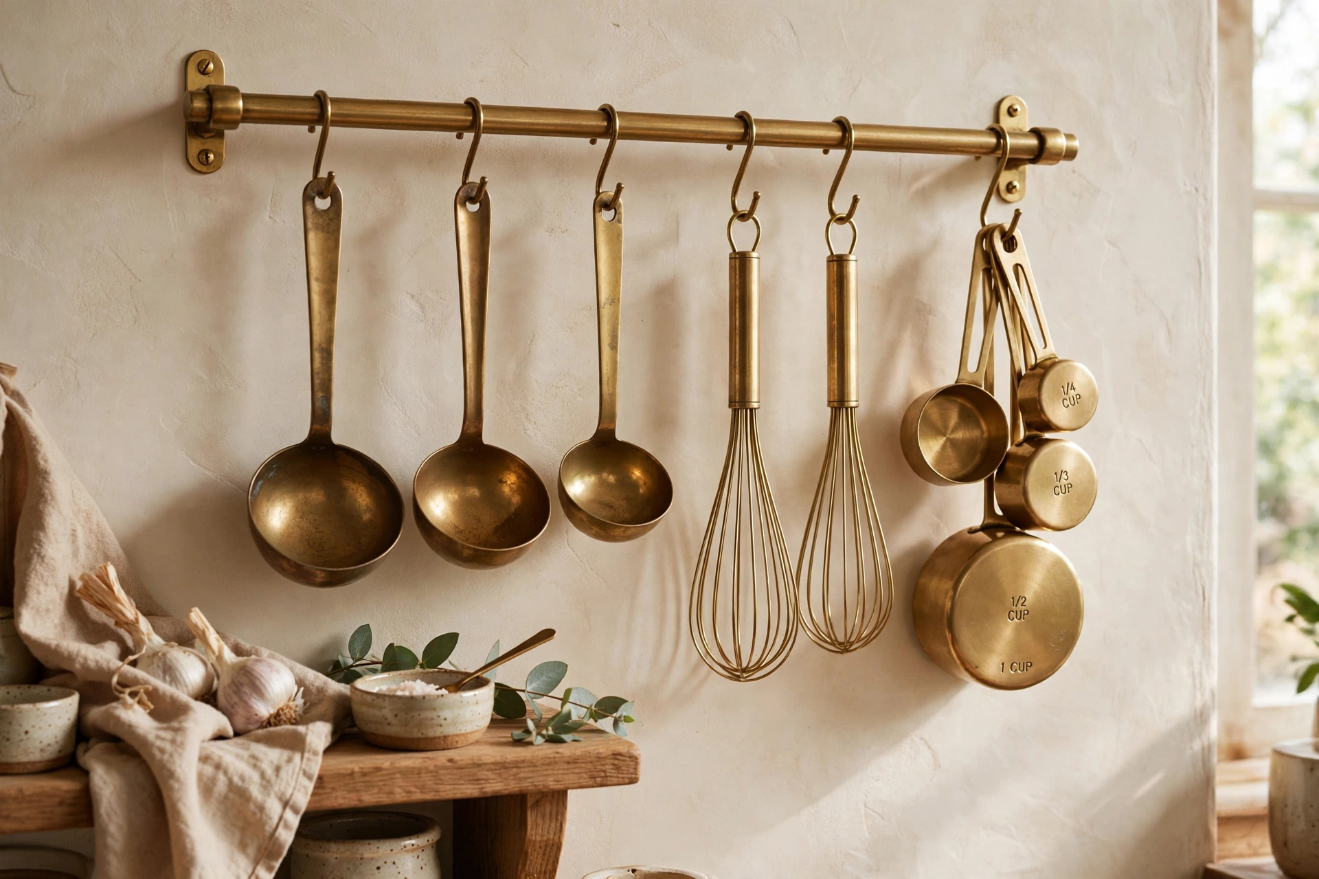 Brass wall rail with hanging ladles whisks and measuring cups