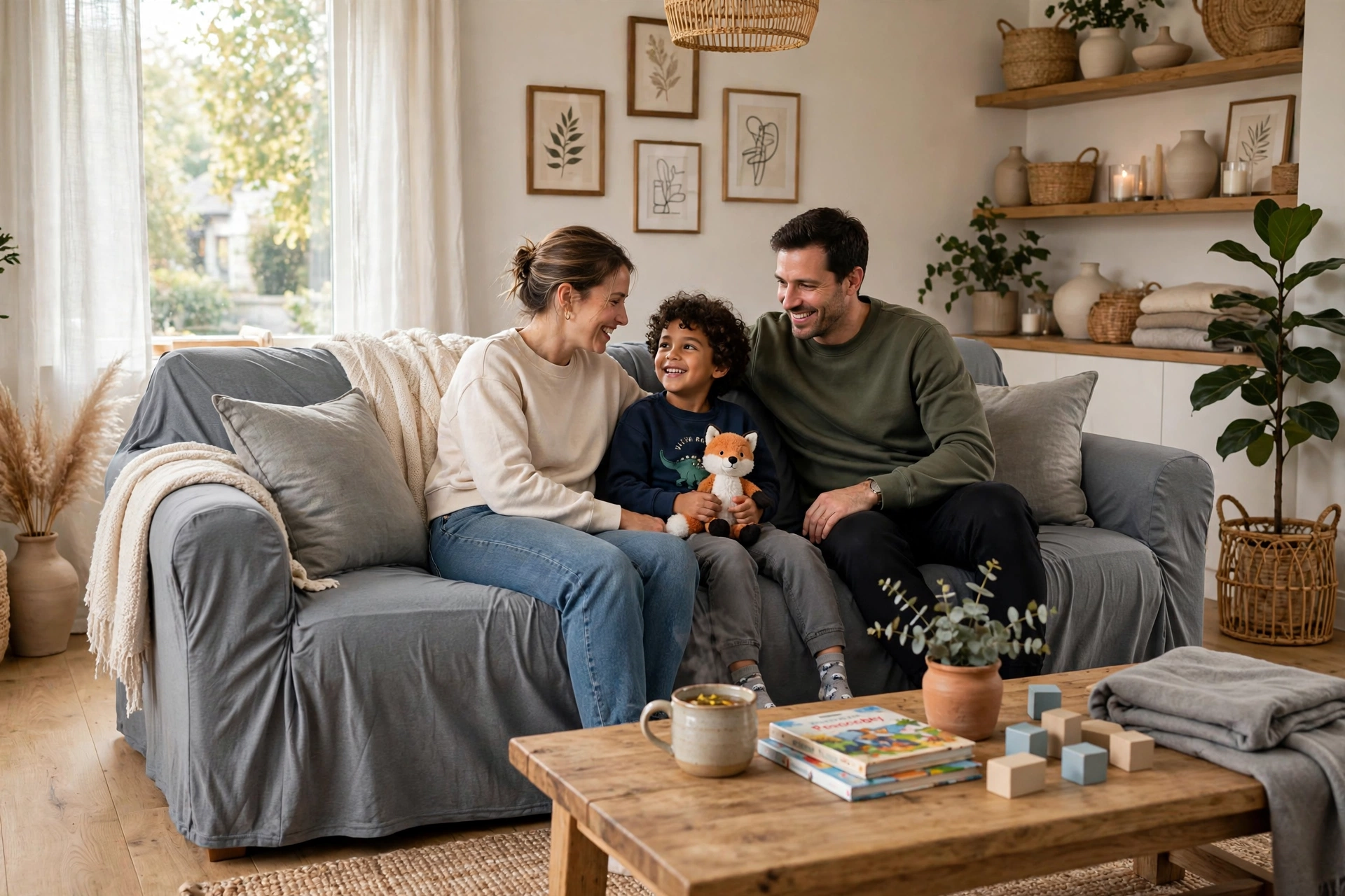 Family living room with a washable gray performance fabric slipcover sofa