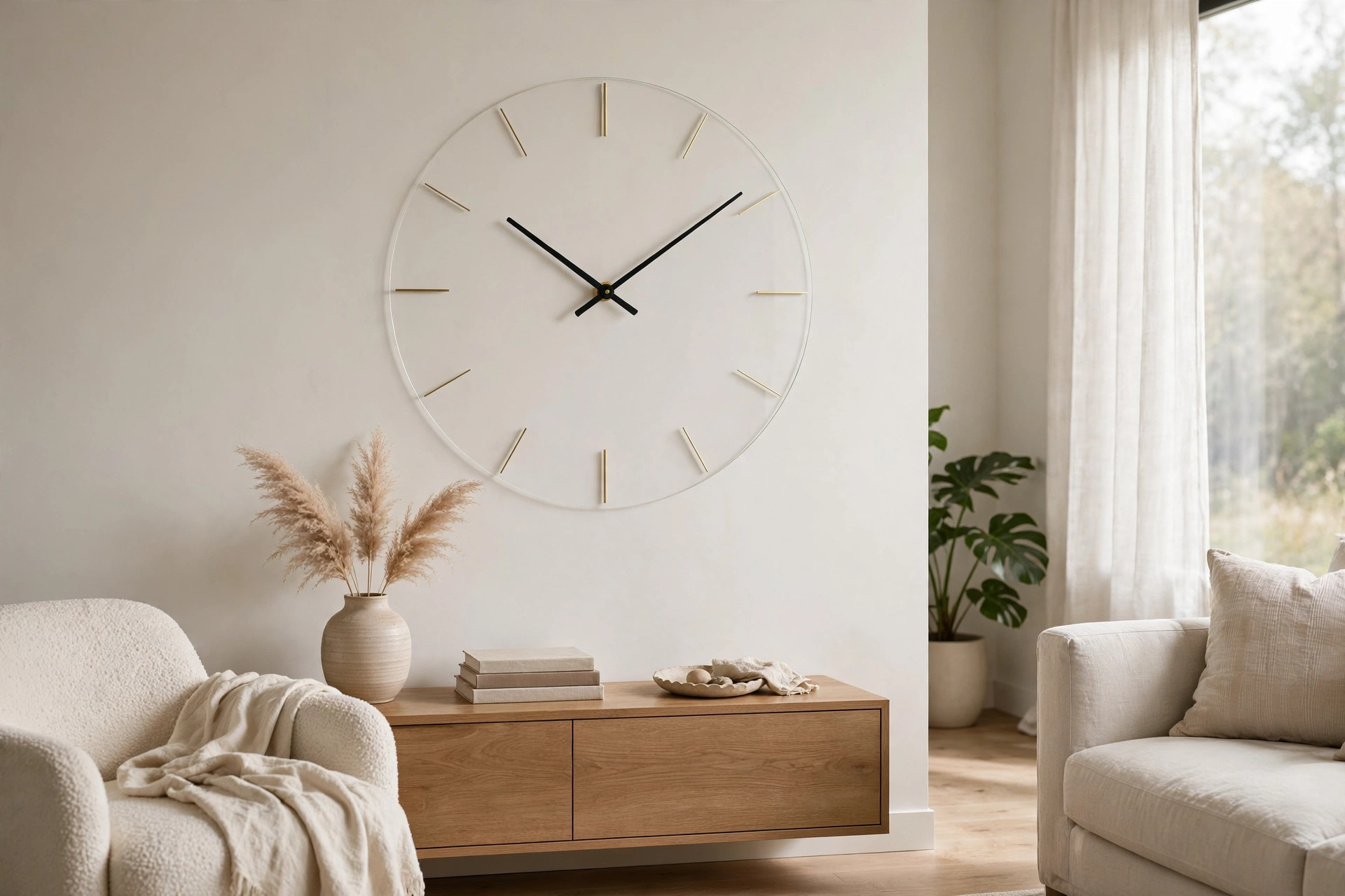 Minimalist frameless wall clock with slim markers in a modern room