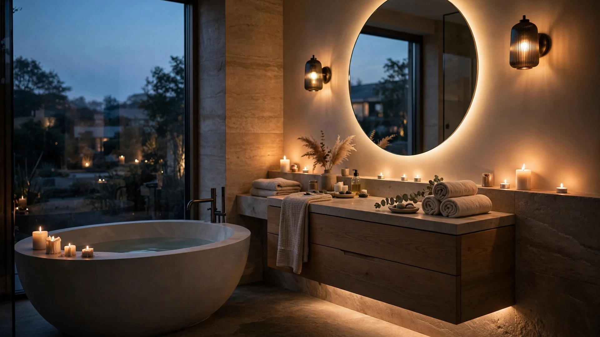 Warm dimmable sconce and candle lighting glowing in a relaxing spa bathroom