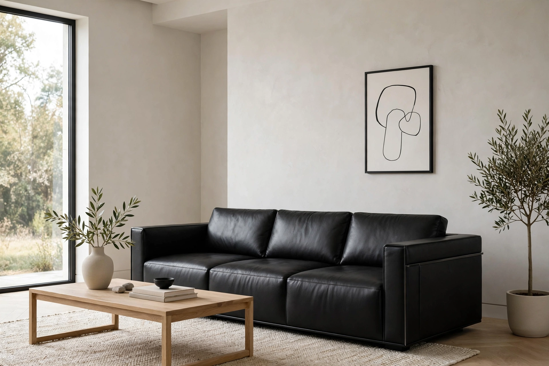 Sleek black leather sofa with modern edge in a minimalist living room