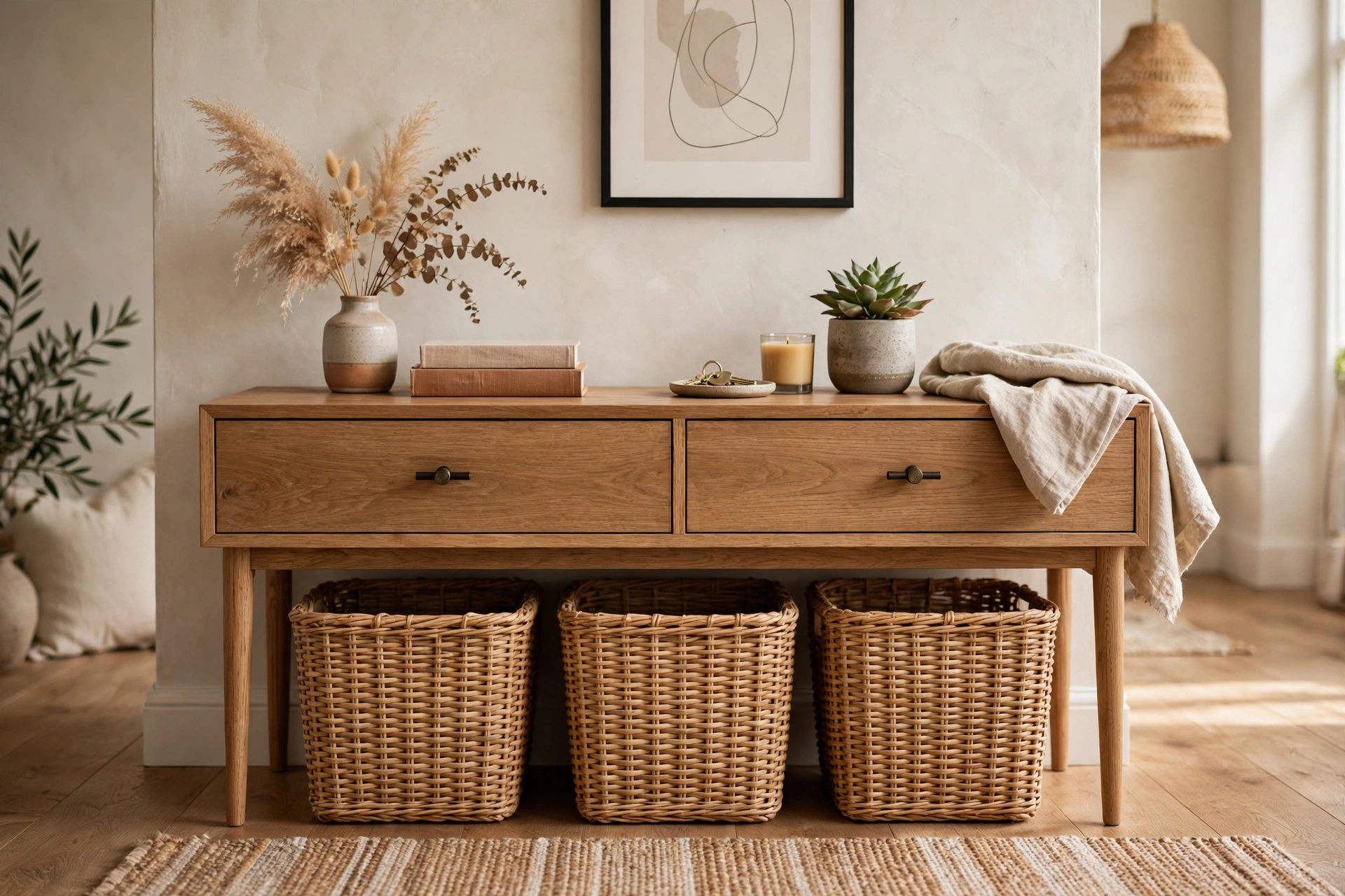 Matching woven baskets tucked under a wooden console table