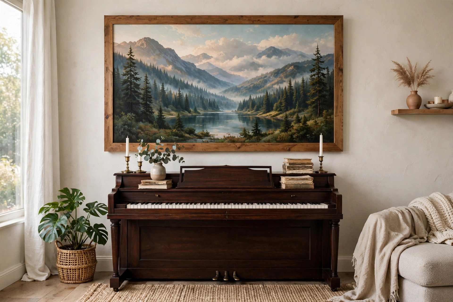 Large landscape painting hung above an upright piano