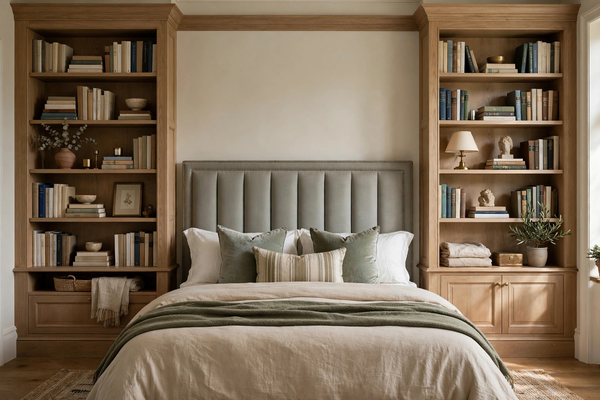 Built-in bookshelves flanking a headboard in an elegant bedroom