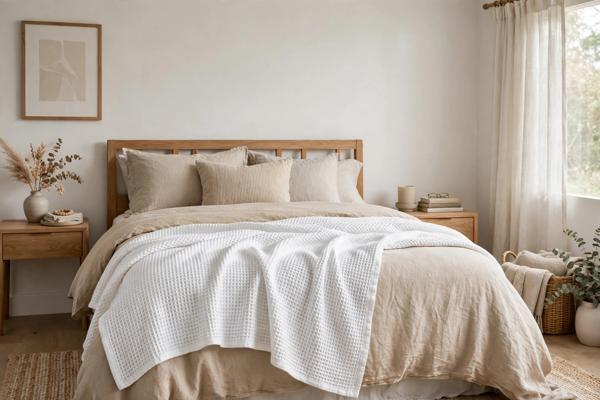 White waffle weave throw blanket adding texture to a neutral bedroom