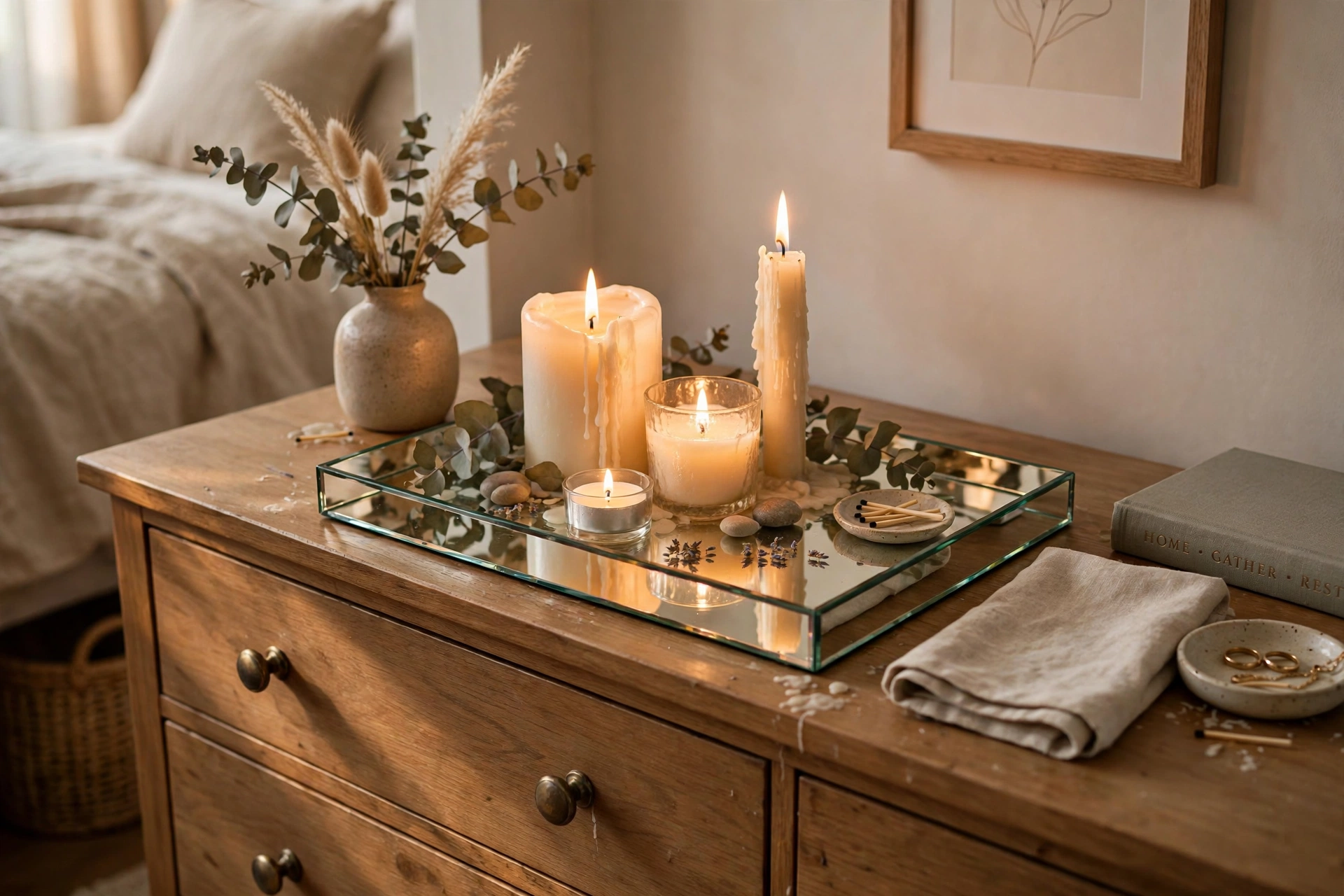 Mirrored tray with grouped candles glowing on a bedroom dresser