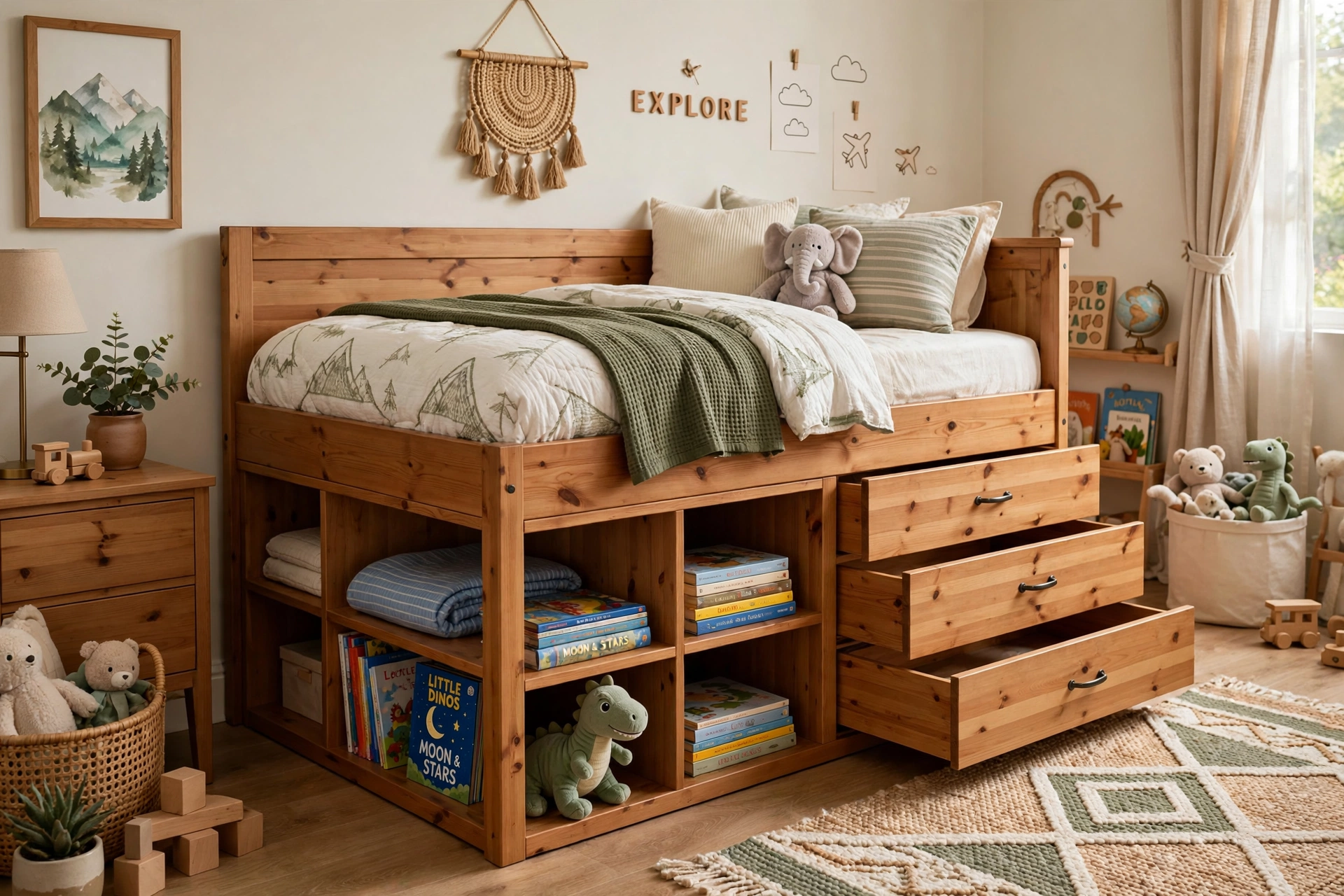 Wooden captain's bed with drawers and open cubbies in a kids bedroom