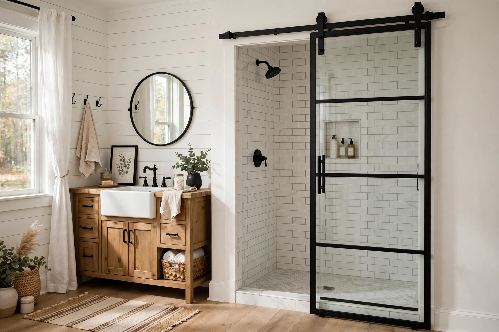 Sliding barn style shower door with black rail in a farmhouse bathroom