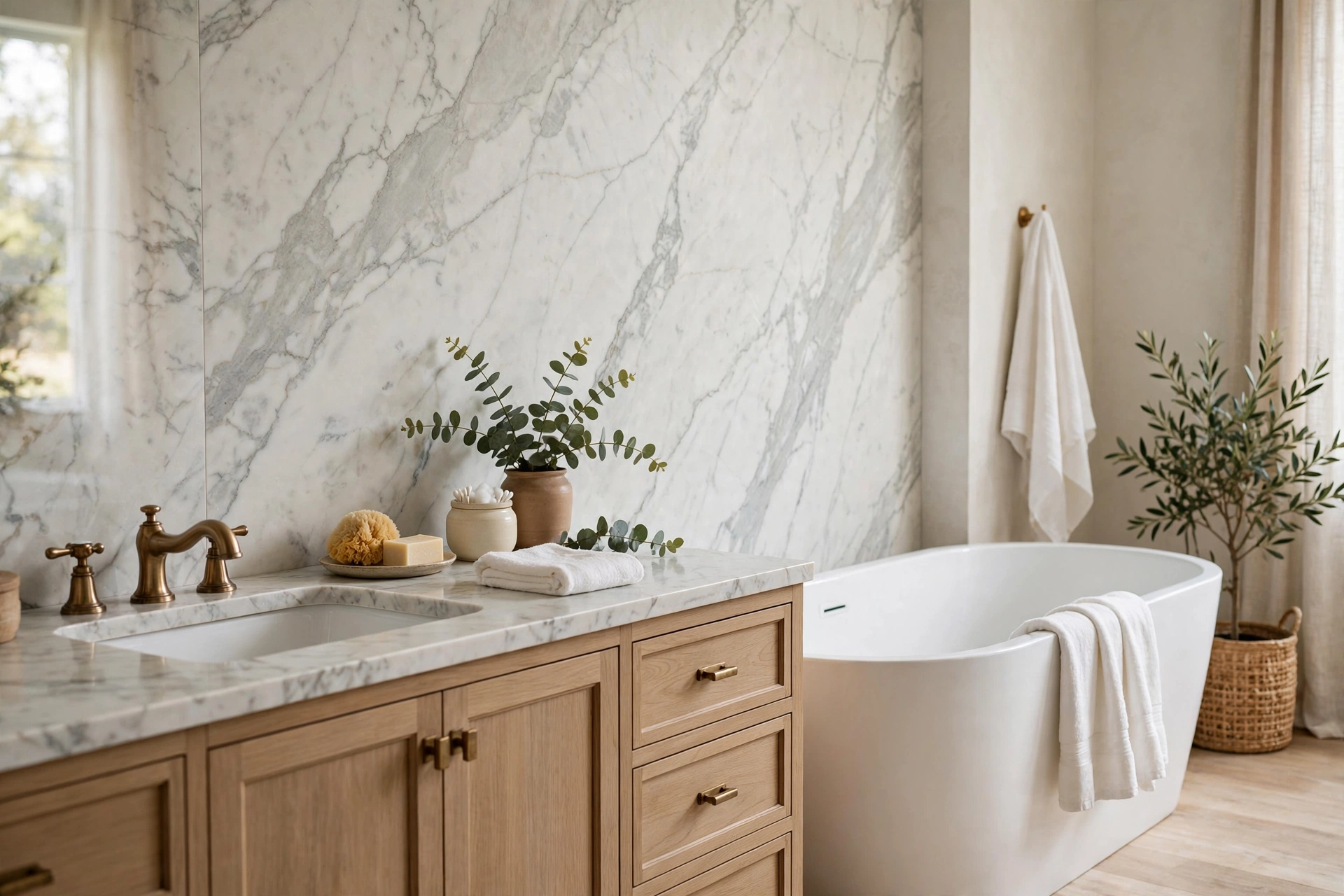 Honed Carrara marble backsplash with natural veining in a luxury bath