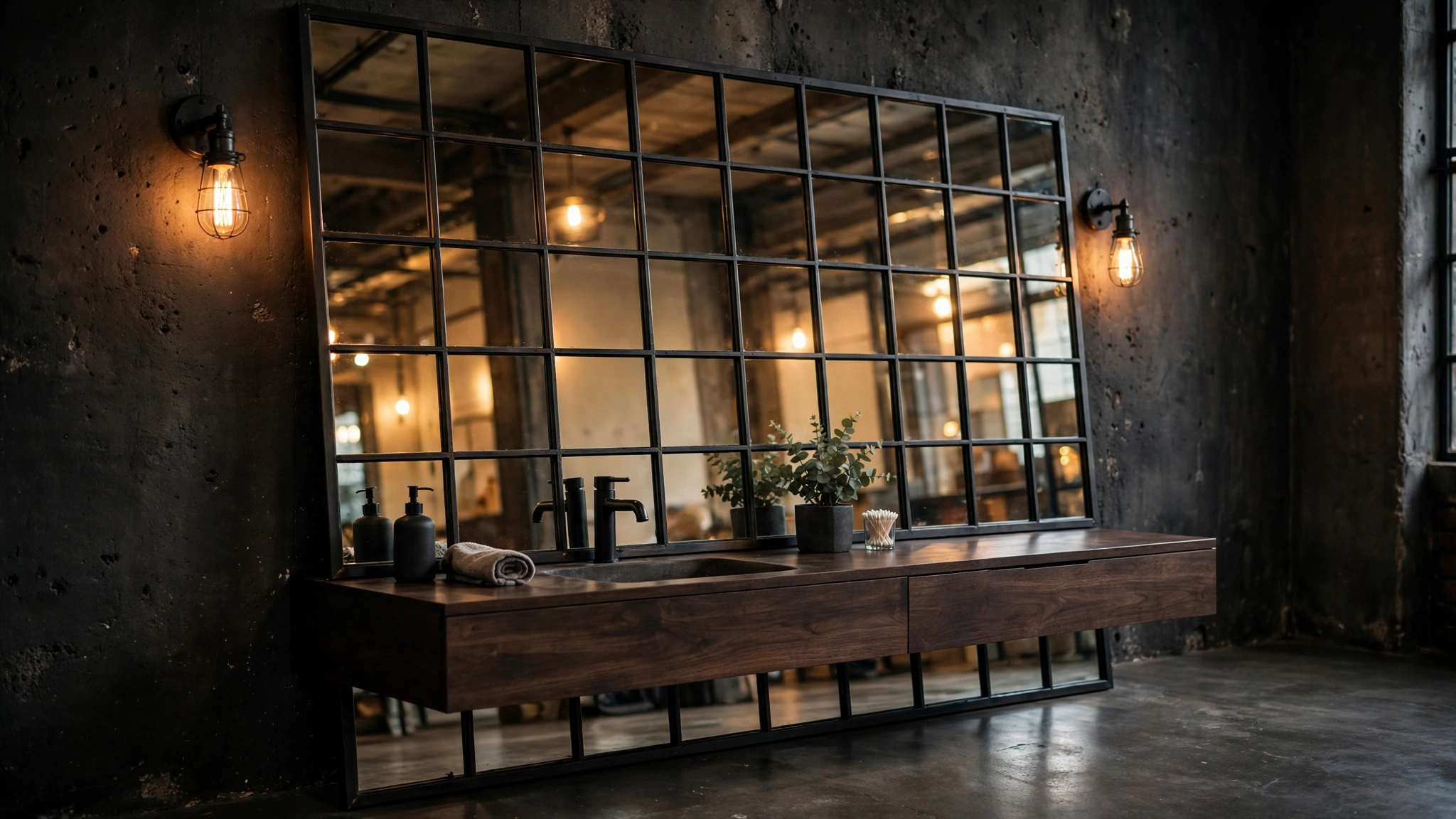 Black steel factory-window grid mirror above a dark wood industrial bathroom vanity