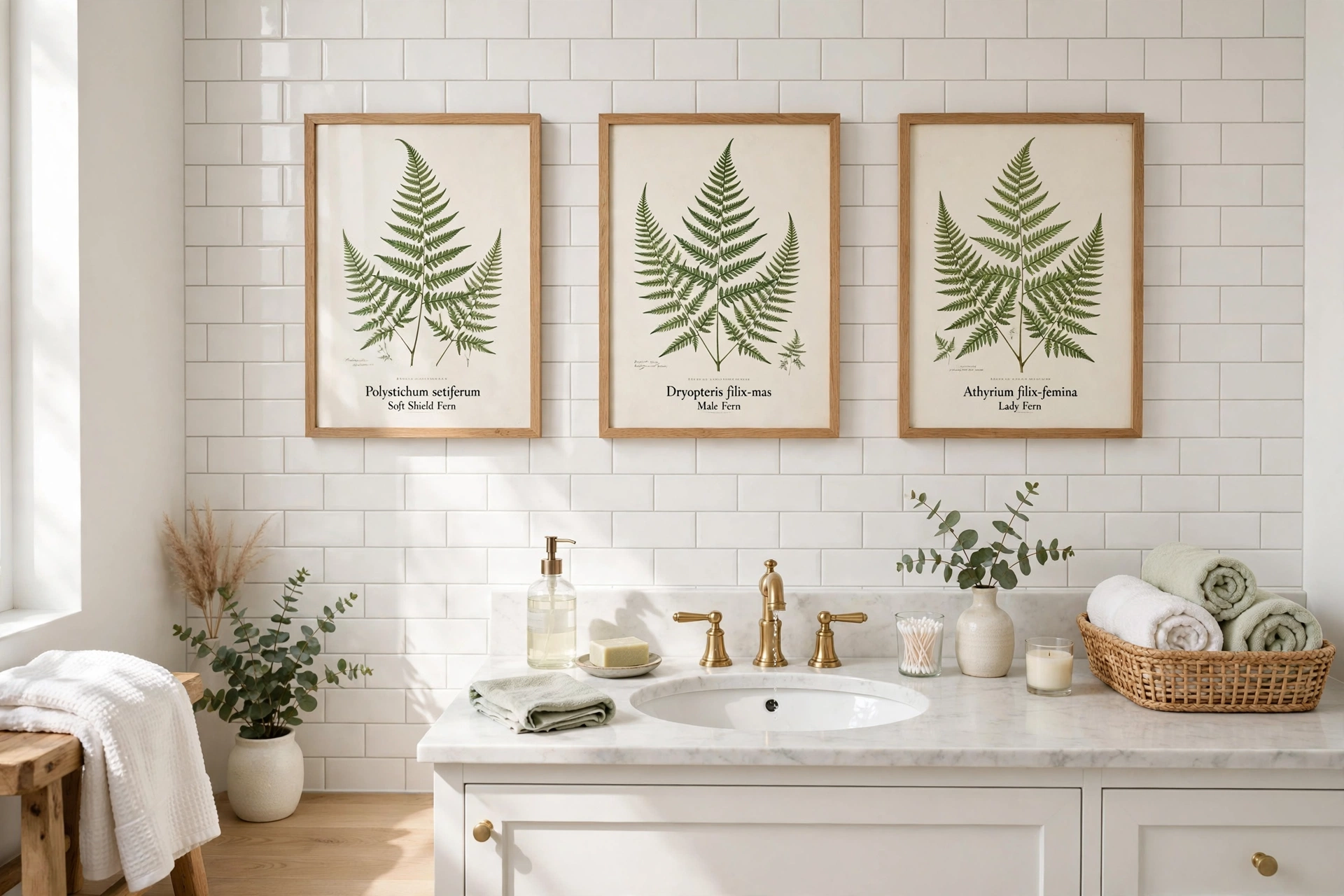 Framed botanical fern prints creating a spa feel in a white bathroom