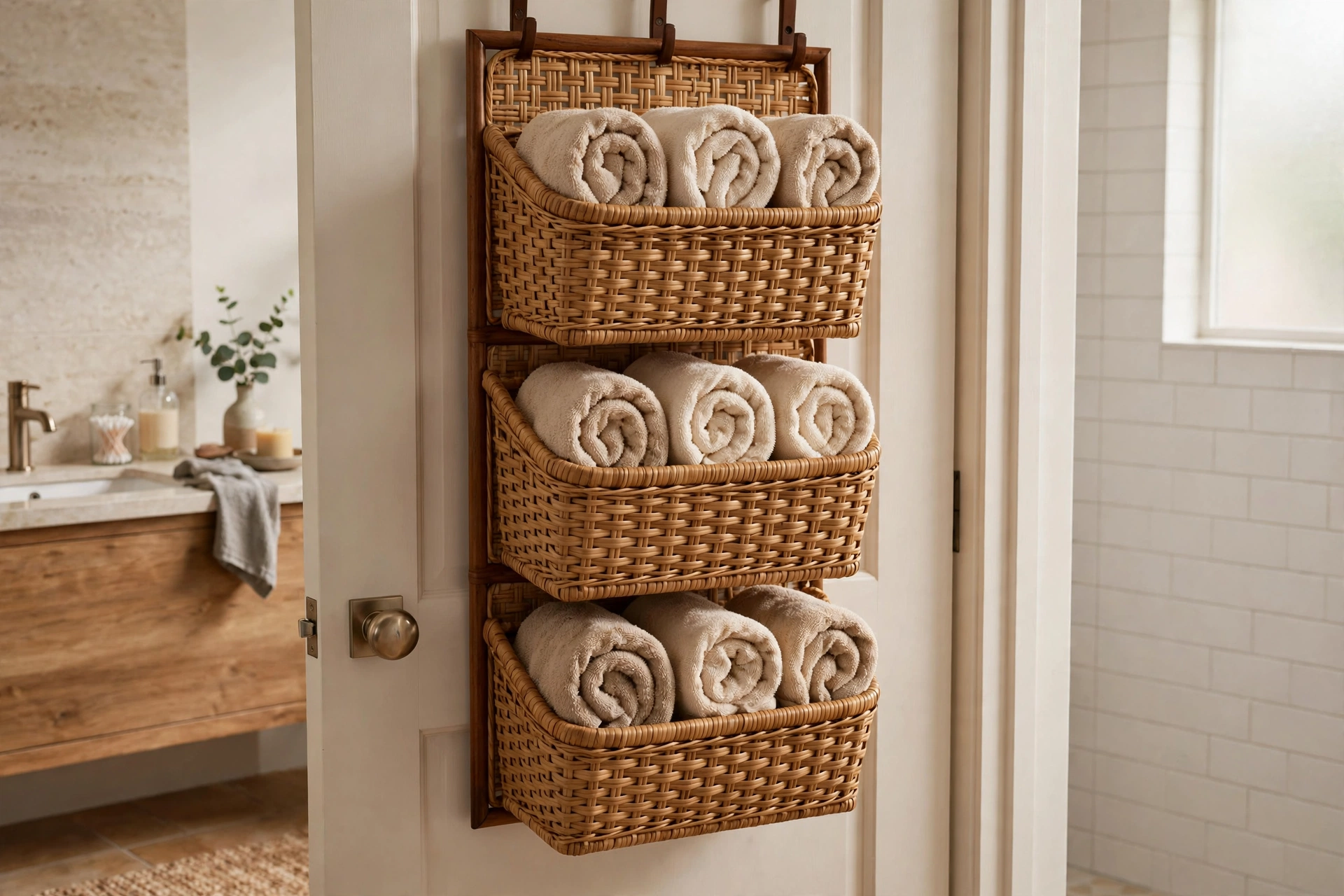 Woven basket over the door organizer holding rolled towels in a bathroom