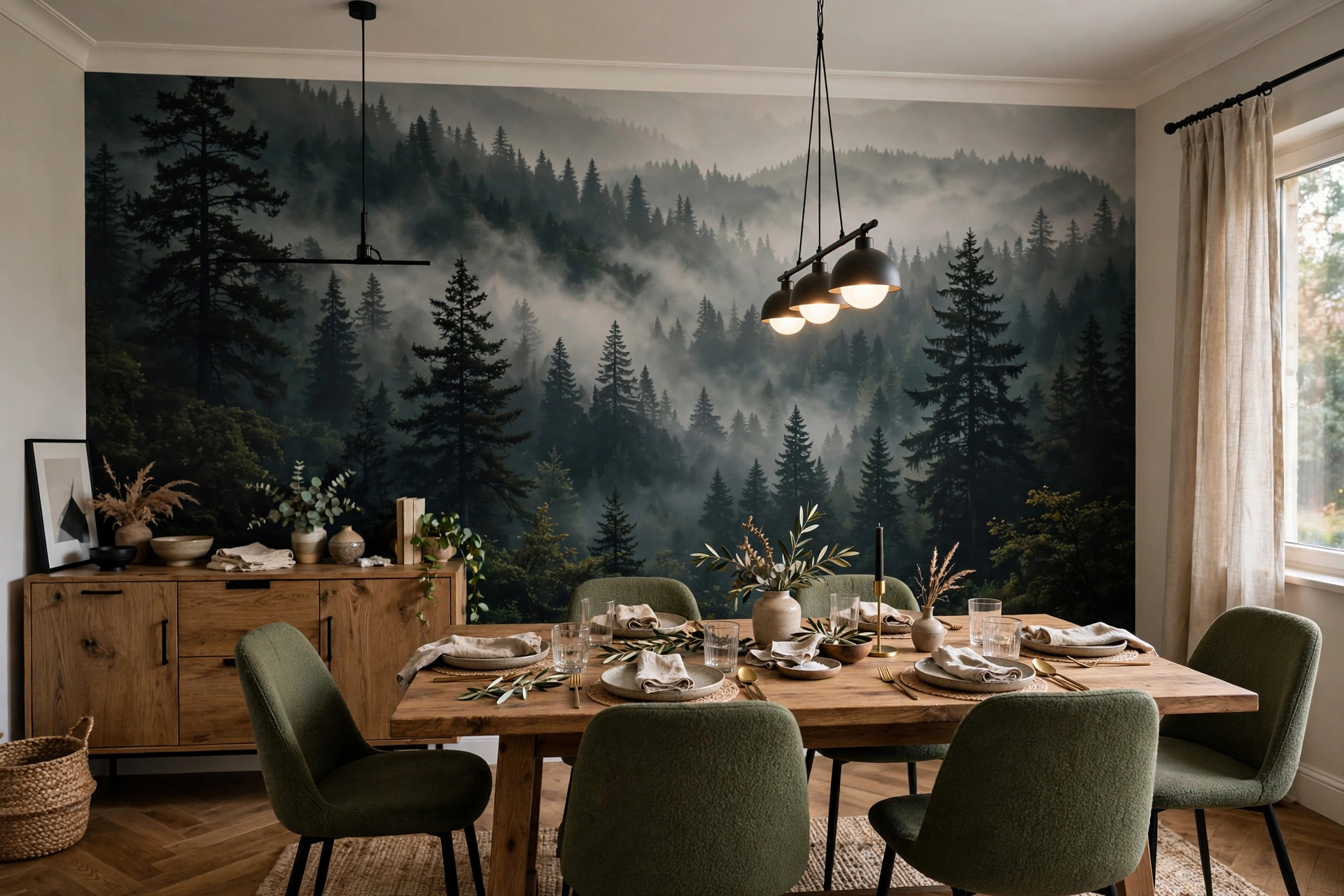 Dramatic forest wallpaper mural on a dining room accent wall