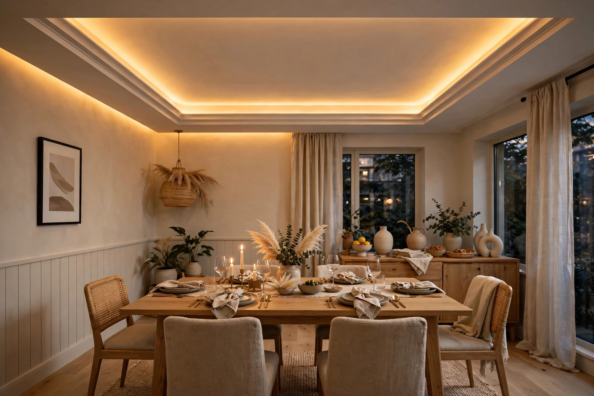 Dining room tray ceiling with warm cove lighting over the table