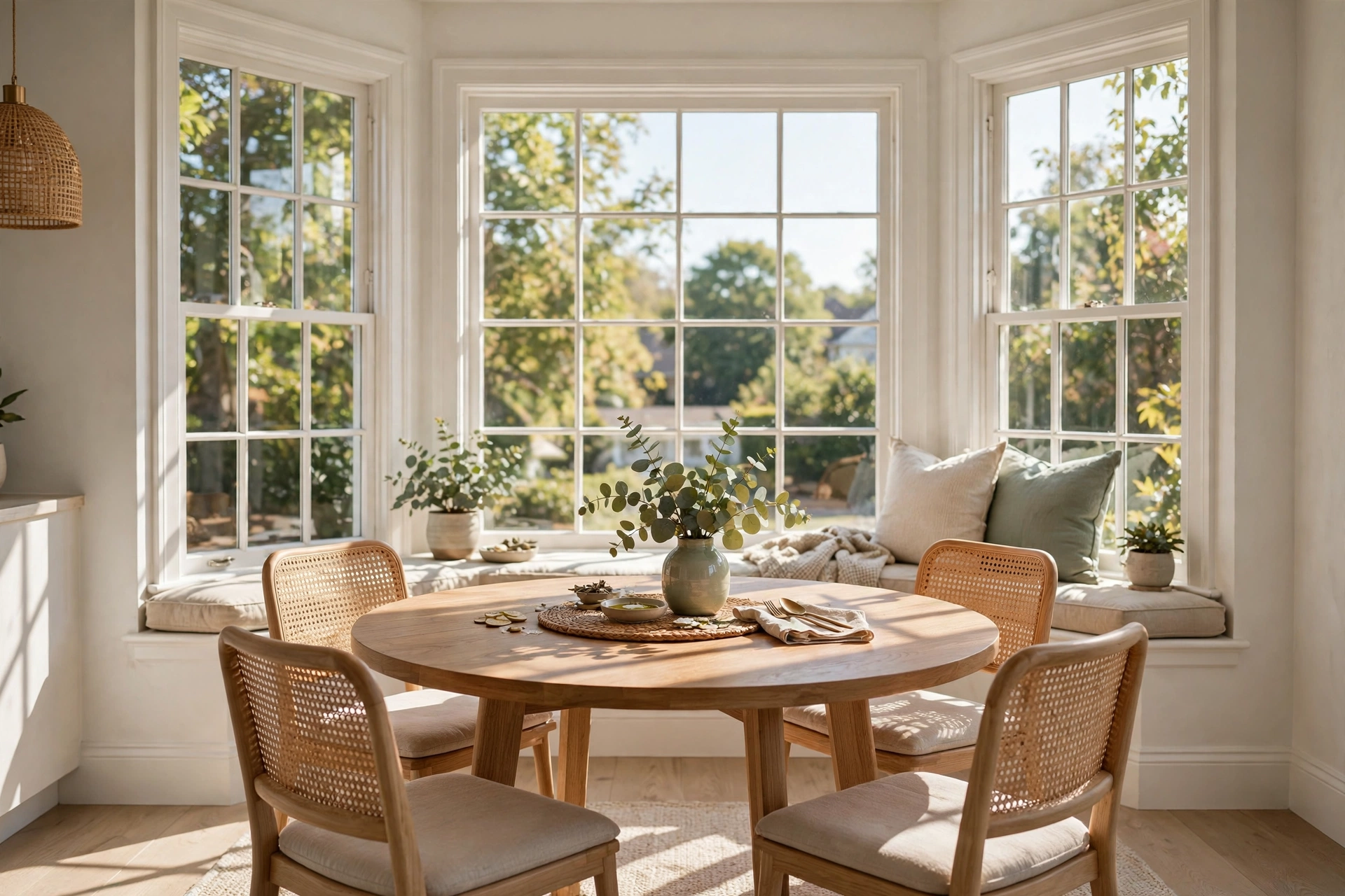 Round dining table centered inside a sunlit bay window
