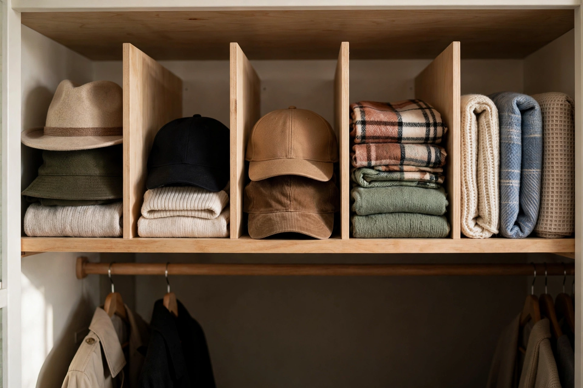 Closet top shelf with dividers separating folded hats and scarves