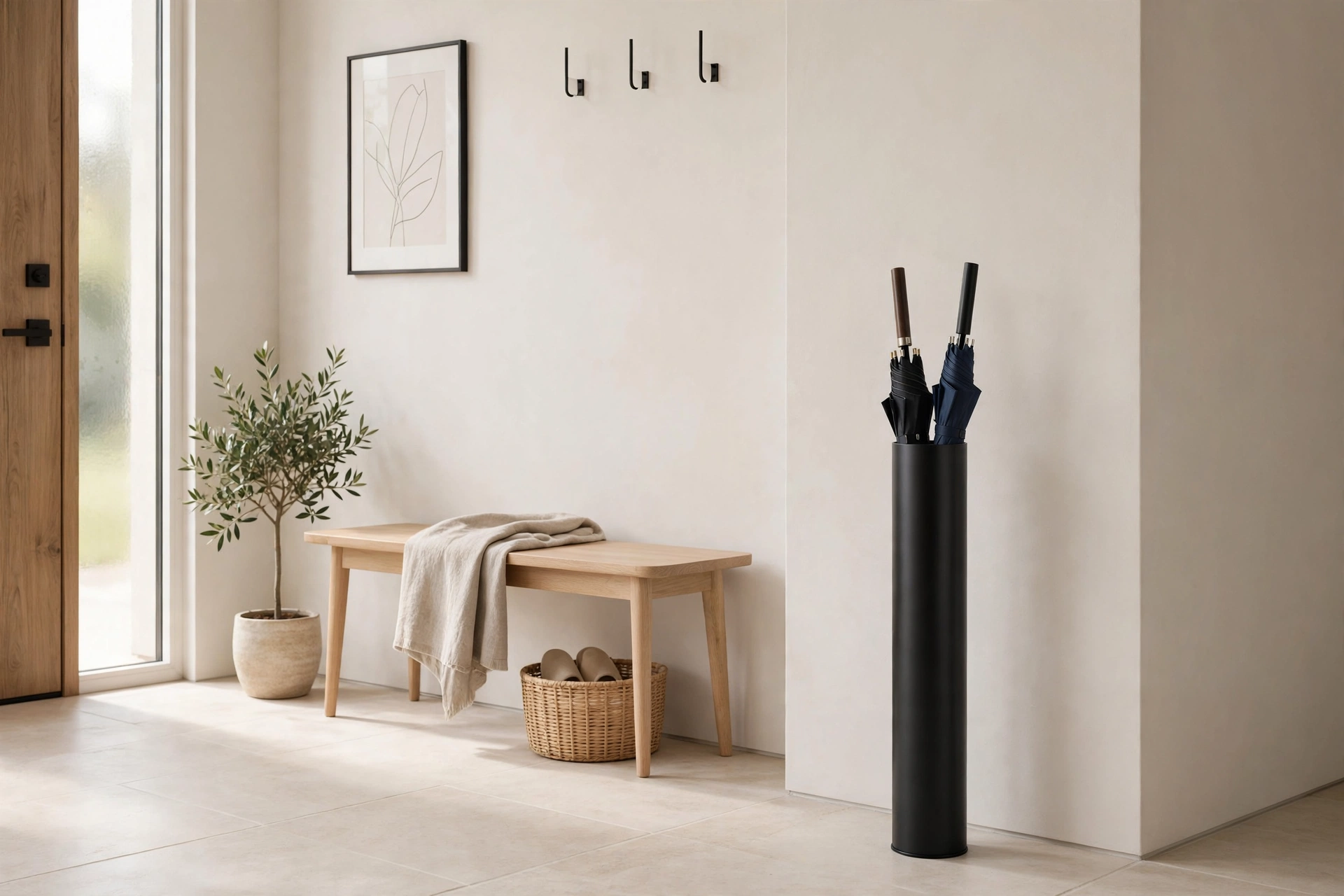 Slim matte black metal cylinder umbrella stand in a modern entryway