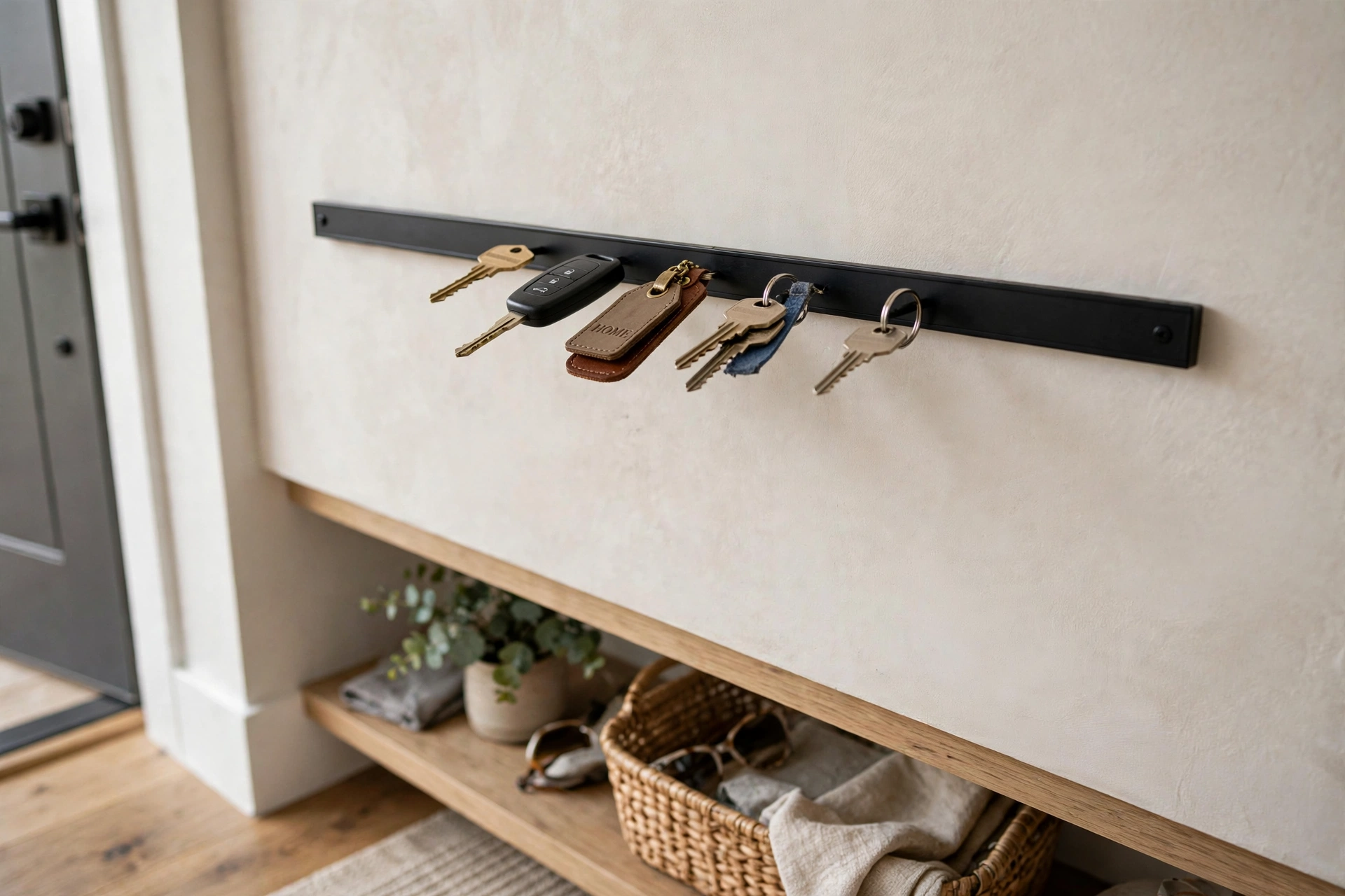 Slim magnetic strip holding keys on an entryway wall