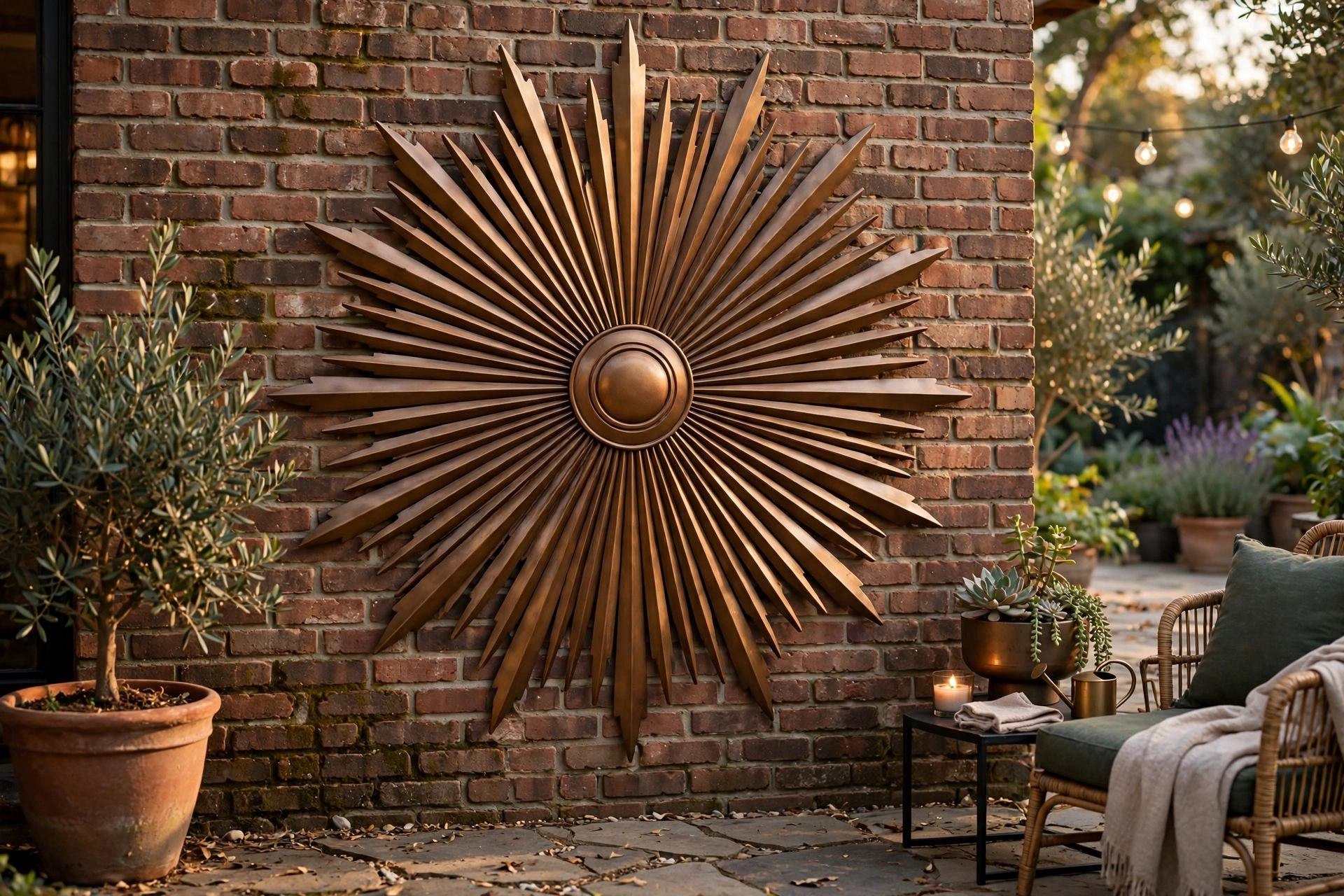 Large metal sunburst wall art mounted on an exterior brick patio wall