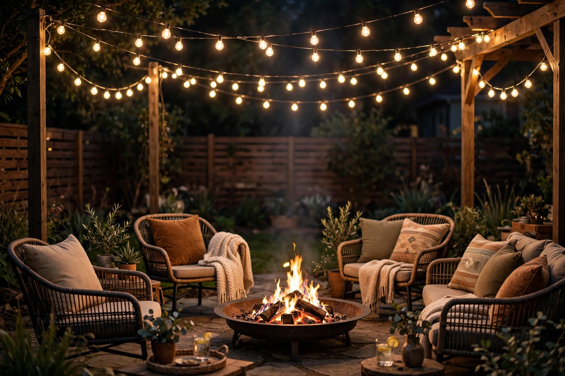 Warm festoon string lights glowing above a fire pit seating area