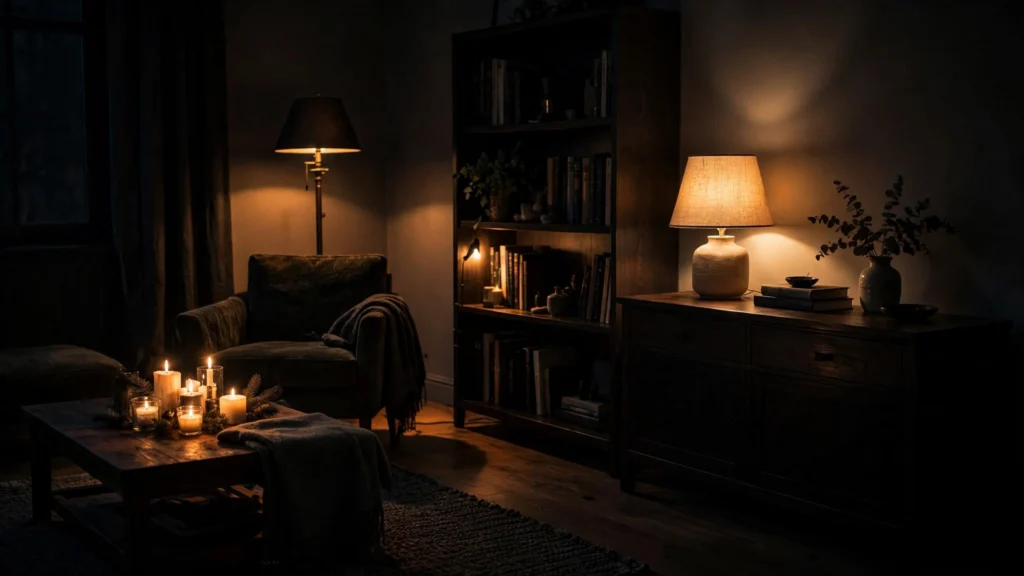 Dark living room lit by layered low lamps and candles with shadowy corners