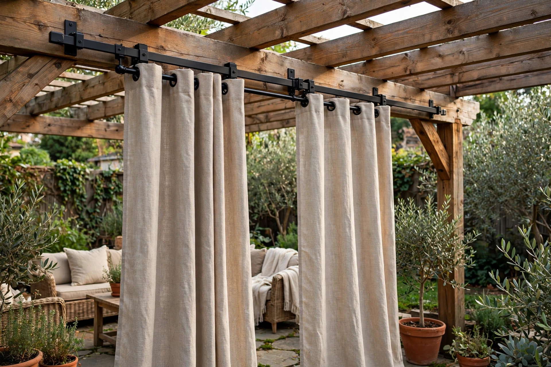 Outdoor curtain track mounted under a wooden pergola beam with panels