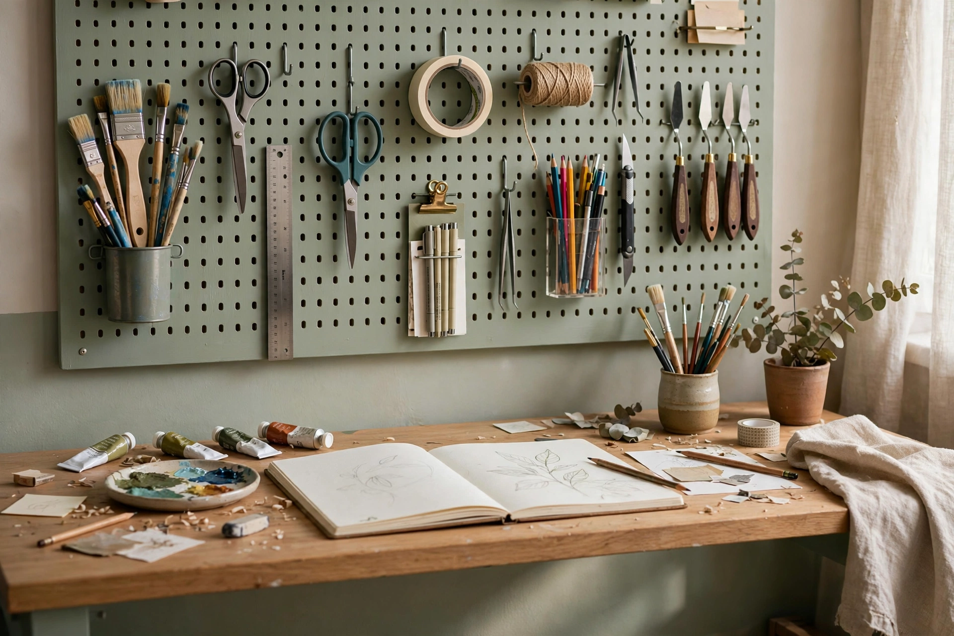 Painted pegboard wall holding brushes tools and art supplies neatly