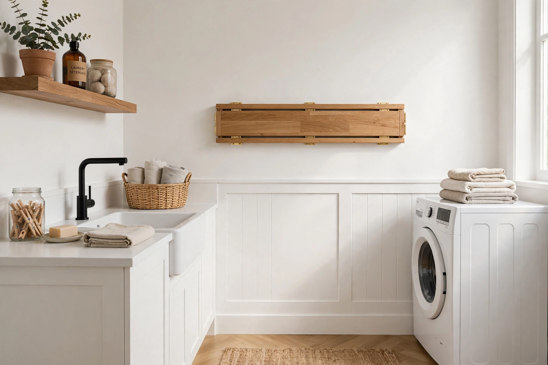 Wooden accordion drying rack folded against a laundry room wall