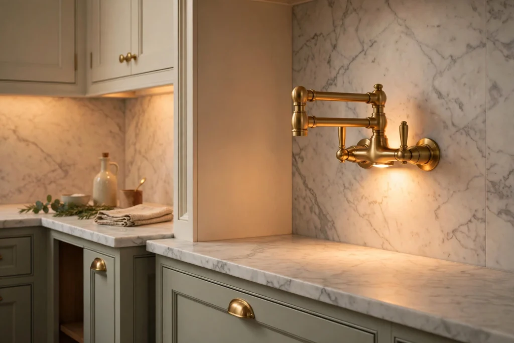 Brushed brass pot filler glowing beside marble backsplash in a transitional kitchen