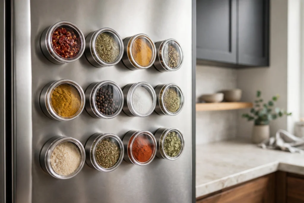 Magnetic spice tins with clear lids arranged on the side of a refrigerator