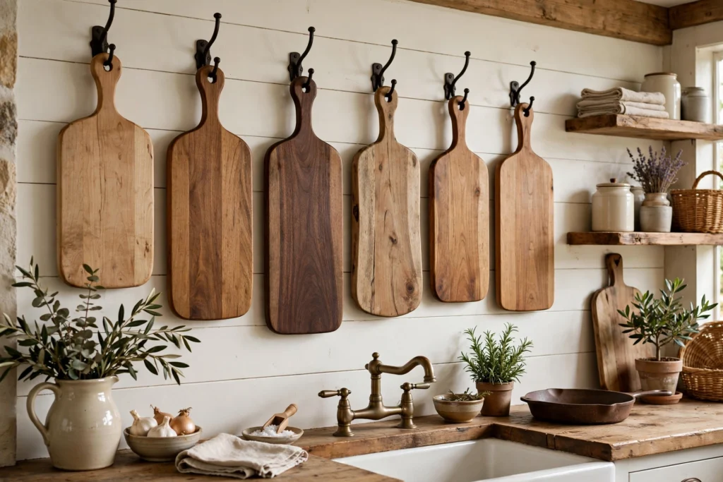 Paddle cutting boards hung on hooks as rustic wall decor in a farmhouse kitchen