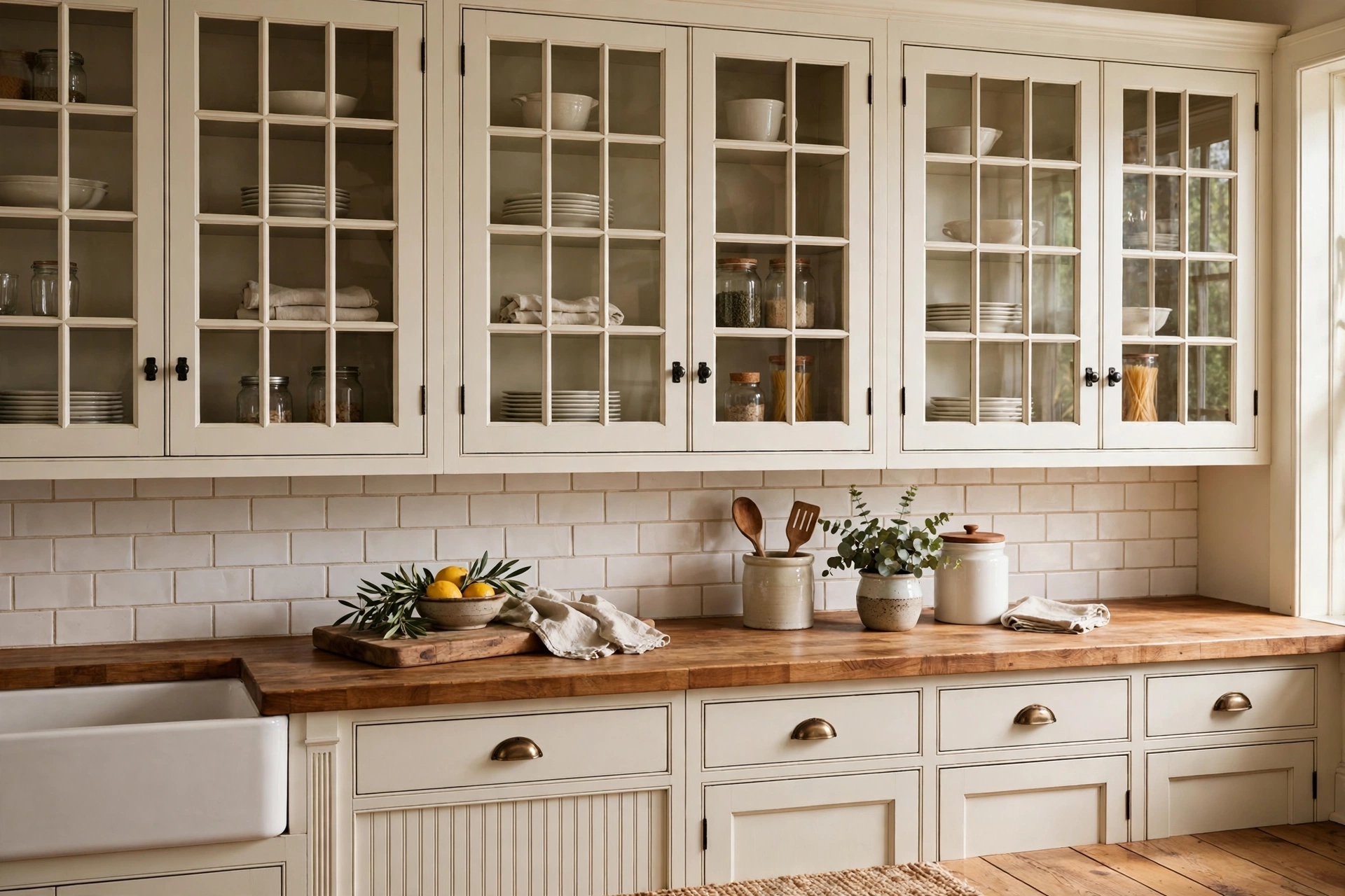 Traditional mullion-grid glass cabinet doors above a farmhouse kitchen counter