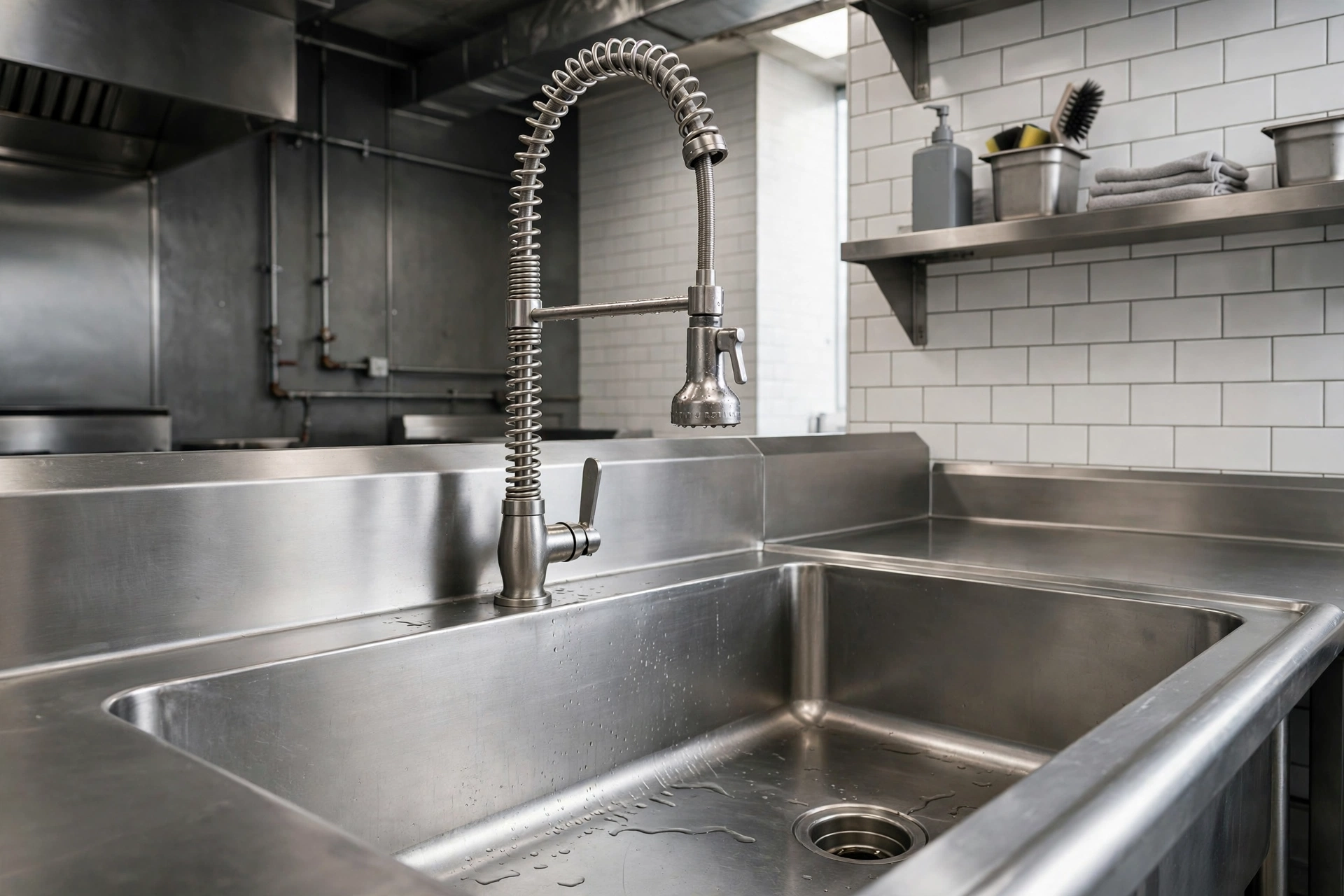 Industrial spring-style faucet with exposed coil over a large stainless sink