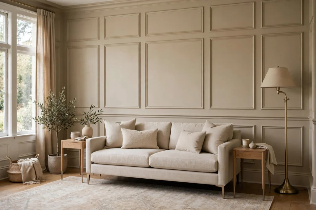 Living room with classic picture-frame wall molding painted warm greige