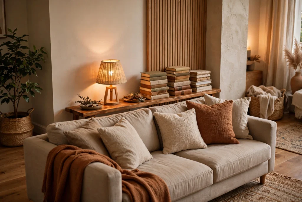 Narrow bench styled with lamp and books placed behind sofa