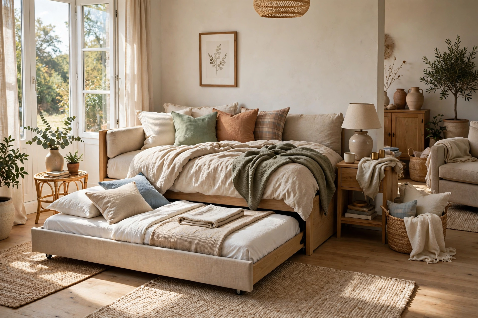 Daybed with pull out trundle bed extended in living room