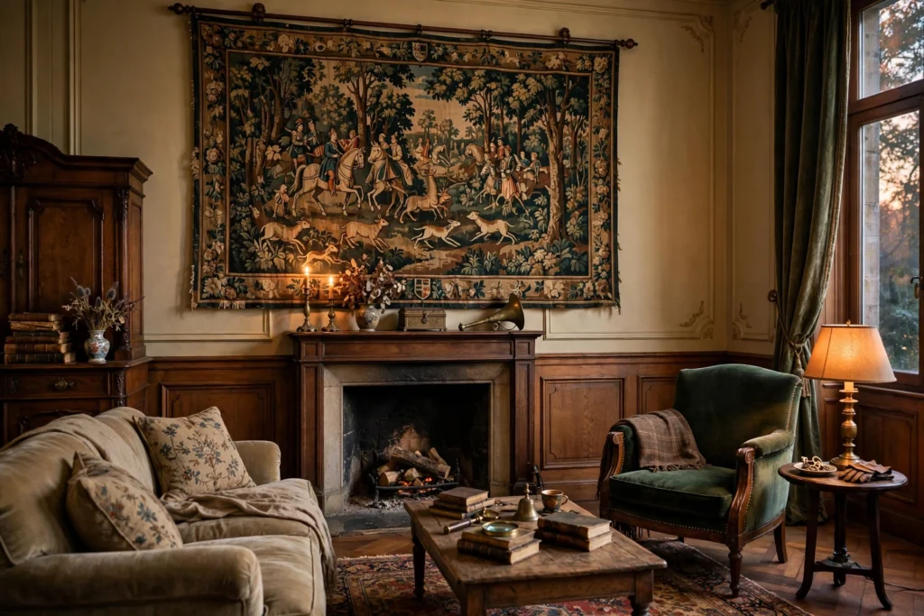 Vintage Belgian style tapestry with hunting scene in traditional room