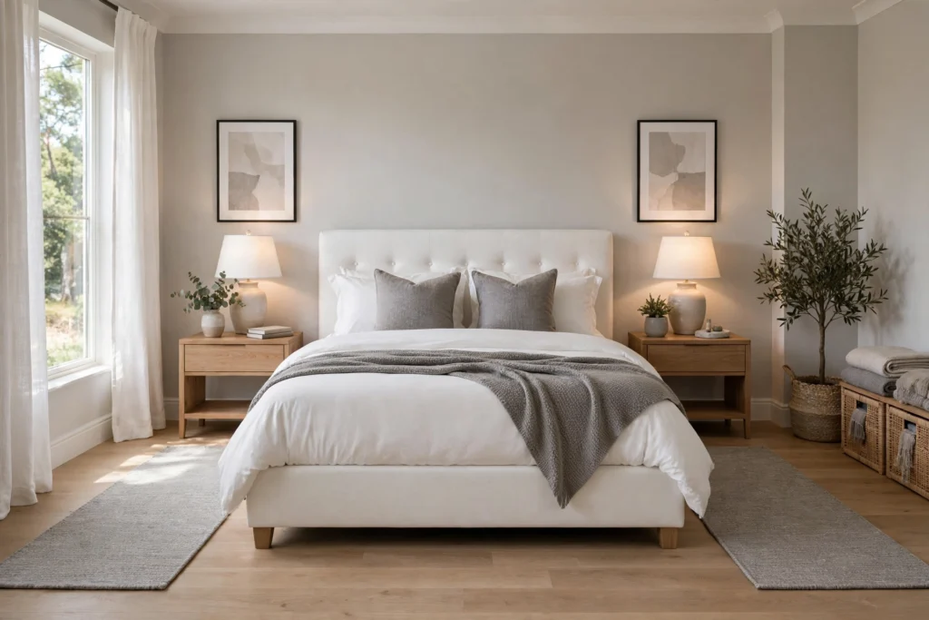Matching gray runners flanking both sides of a white upholstered bed