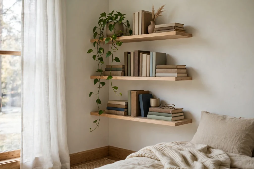 Three stacked floating shelves with books and a trailing plant in a corner