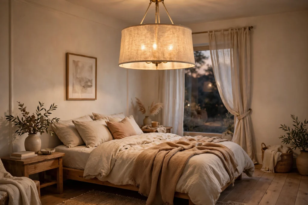 Soft linen drum-shade chandelier casting a warm glow in a cozy bedroom
