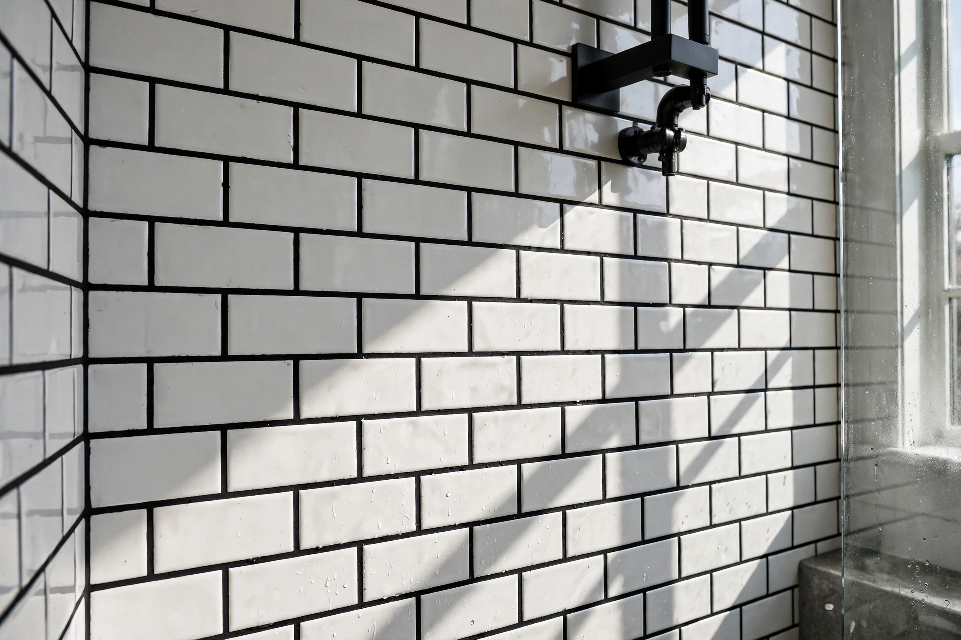 White subway tile shower wall with bold black grout grid lines