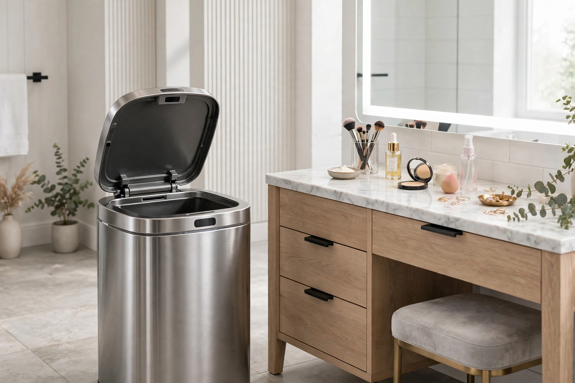 Touchless motion-sensor bathroom trash can with open lid beside a makeup vanity