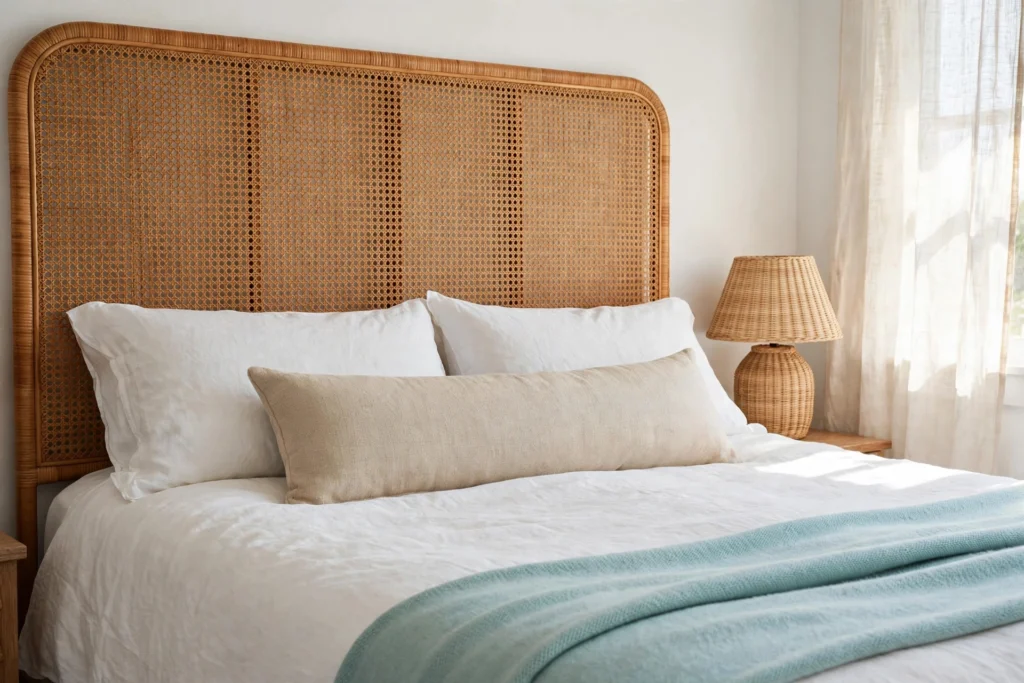 Bed with tall rattan cane headboard and white linen bedding in a coastal bedroom