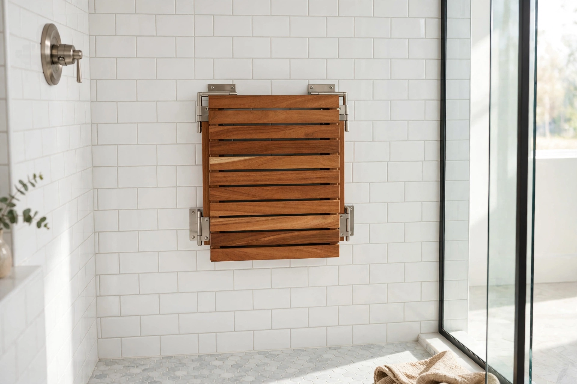 Fold-down teak shower seat mounted flat against a tiled wall