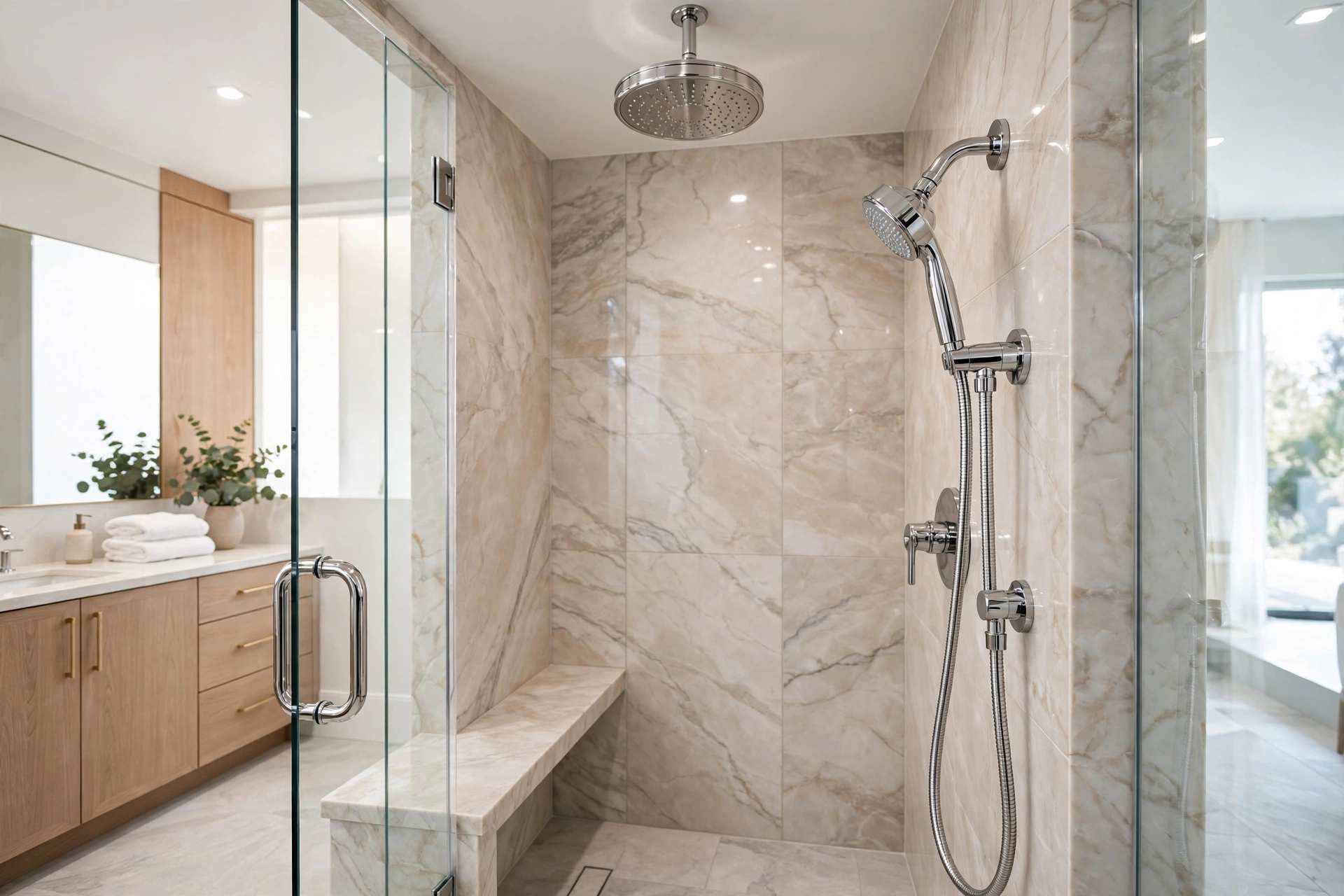 Dual shower setup with a fixed rain head and a detachable handheld wand